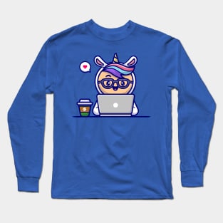 Cute Man Wearing Unicorn Costume Working On Laptop With Coffee Cartoon Long Sleeve T-Shirt